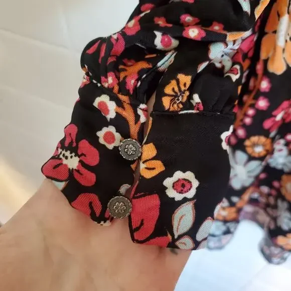 Free People Daisy Jane Long Sleeve Mini Dress Flowy Loose Fit Black Floral - Picture 8 of 13